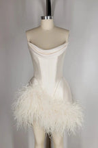 Elegant Satin Tube Top Feather Edge Bodycon 19Th Birthday Homecoming Dress