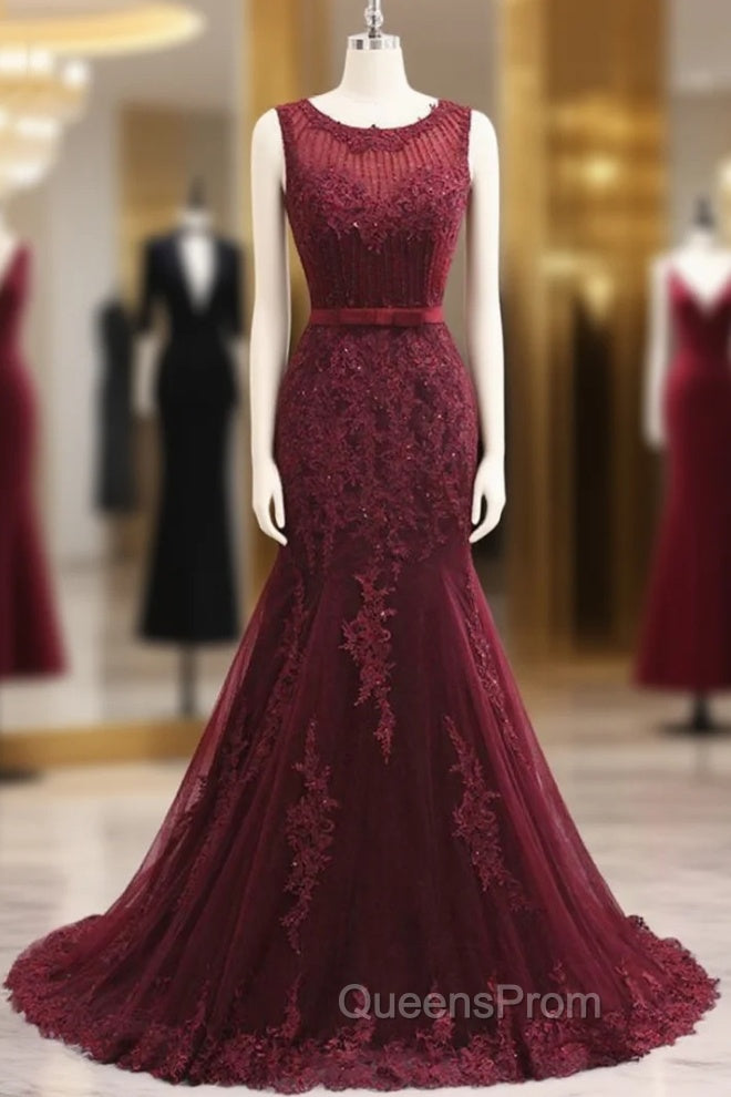 Elegant Scoop Sleeveless Tulle Mermaid Appliques Sequins Zipper Evening Prom Dress Main image