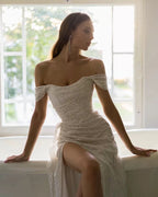 Elegant Sheath Off The Shoulder Sequin Slit Classy Prom Dress Birthday Outfits With Ruffles