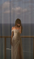 Elegant Sheath Off The Shoulder Sequin Slit Classy Prom Dress Birthday Outfits With Ruffles