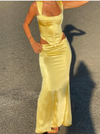 Elegant Sheath Square Neckline 2 Pieces Floor-Length Satin Long Yellow Classy Evening Dress Classy Prom Dress