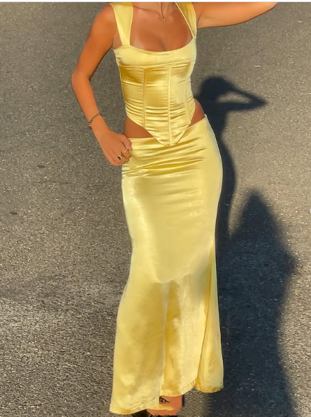 Elegant Sheath Square Neckline 2 Pieces Floor-Length Satin Long Yellow Classy Evening Dress Classy Prom Dress