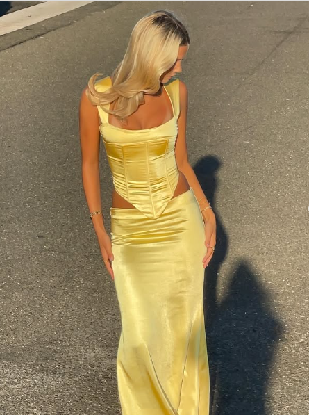 Elegant Sheath Square Neckline 2 Pieces Floor-Length Satin Long Yellow Classy Evening Dress Classy Prom Dress