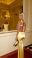 Elegant Sheath Square Neckline 2 Pieces Floor-Length Satin Long Yellow Classy Evening Dress Classy Prom Dress