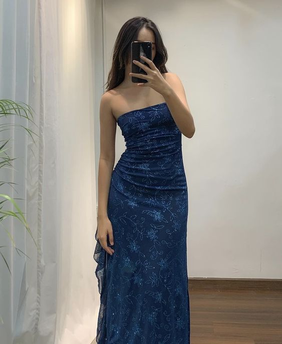 Elegant Sheath Strapless Navy Blue Long Classy Prom Dress Classy Evening Gowns