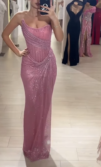Elegant Sheath Strapless Pink Sequin Slit Long Classy Prom Dress Party Dress 22Th Birthday Outfits Graduation Dress