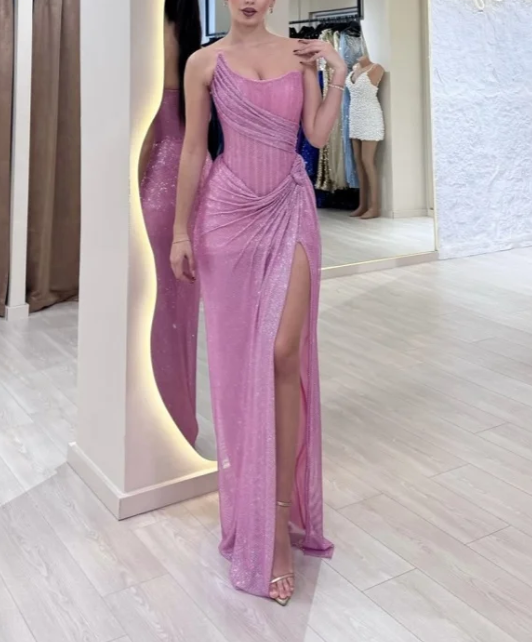 Elegant Sheath Strapless Pink Sequin Slit Long Classy Prom Dress Party Dress 22Th Birthday Outfits Graduation Dress