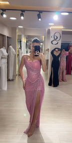 Elegant Sheath Strapless Pink Sequin Slit Long Classy Prom Dress Party Dress 22Th Birthday Outfits Graduation Dress