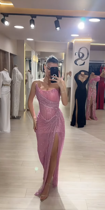 Elegant Sheath Strapless Pink Sequin Slit Long Classy Prom Dress Party Dress 22Th Birthday Outfits Graduation Dress