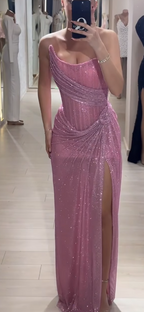 Elegant Sheath Strapless Pink Sequin Slit Long Classy Prom Dress Party Dress 22Th Birthday Outfits Graduation Dress