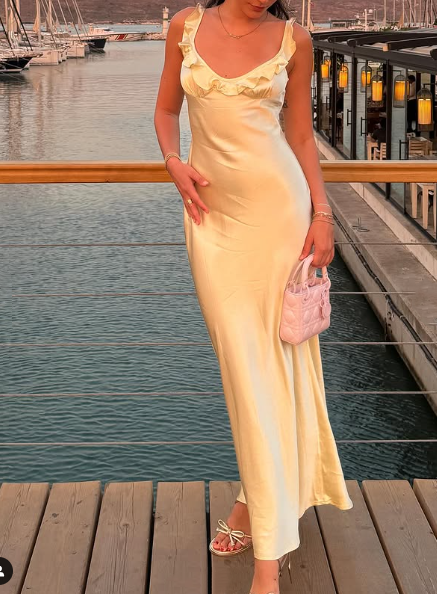 Elegant Sheath Straps Floor-Length Satin Long Yellow Classy Evening Dress Classy Prom Dress