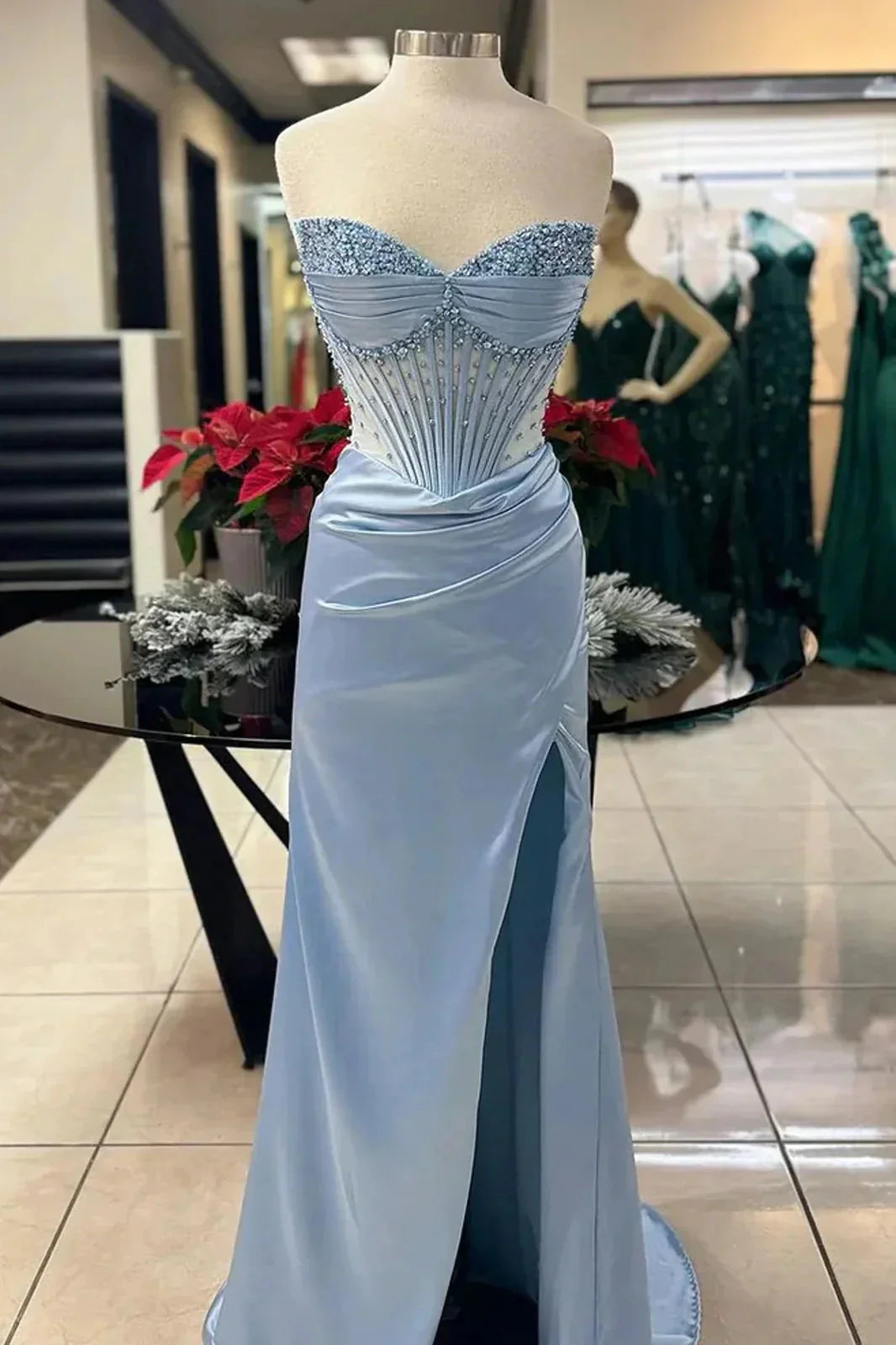 Elegant Sheath Sweetheart Sequin Pink Satin Slit Classy Prom Dress Classy Evening Dress