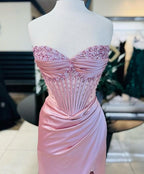 Elegant Sheath Sweetheart Sequin Pink Satin Slit Classy Prom Dress Classy Evening Dress