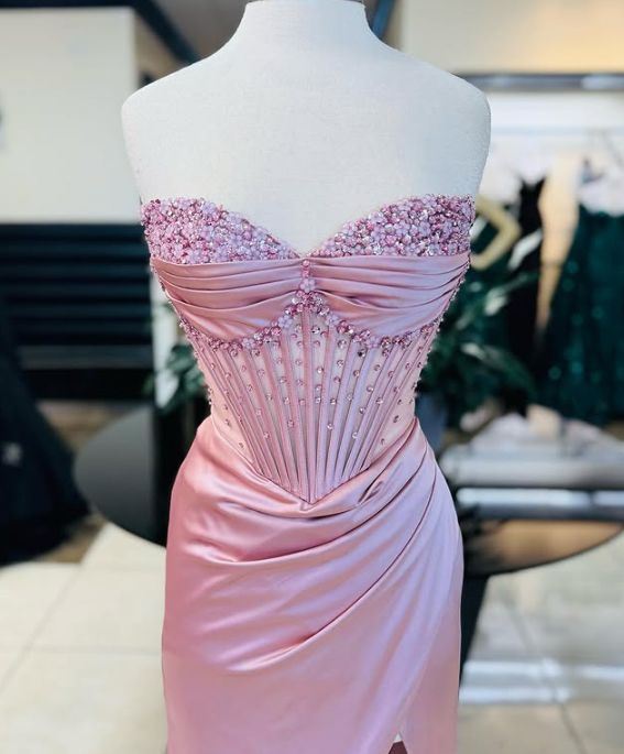 Elegant Sheath Sweetheart Sequin Pink Satin Slit Classy Prom Dress Classy Evening Dress
