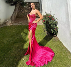 Elegant Sheath Sweetheart Sequin Pink Satin Slit Classy Prom Dress Classy Evening Dress