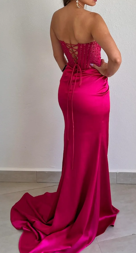 Elegant Sheath Sweetheart Sequin Pink Satin Slit Classy Prom Dress Classy Evening Dress