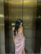 Elegant Sheath Sweetheart Sequin Pink Satin Slit Classy Prom Dress Classy Evening Dress