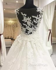 Elegant Sheer Lace Appliques Neckline Court Train Princess Wedding Dress