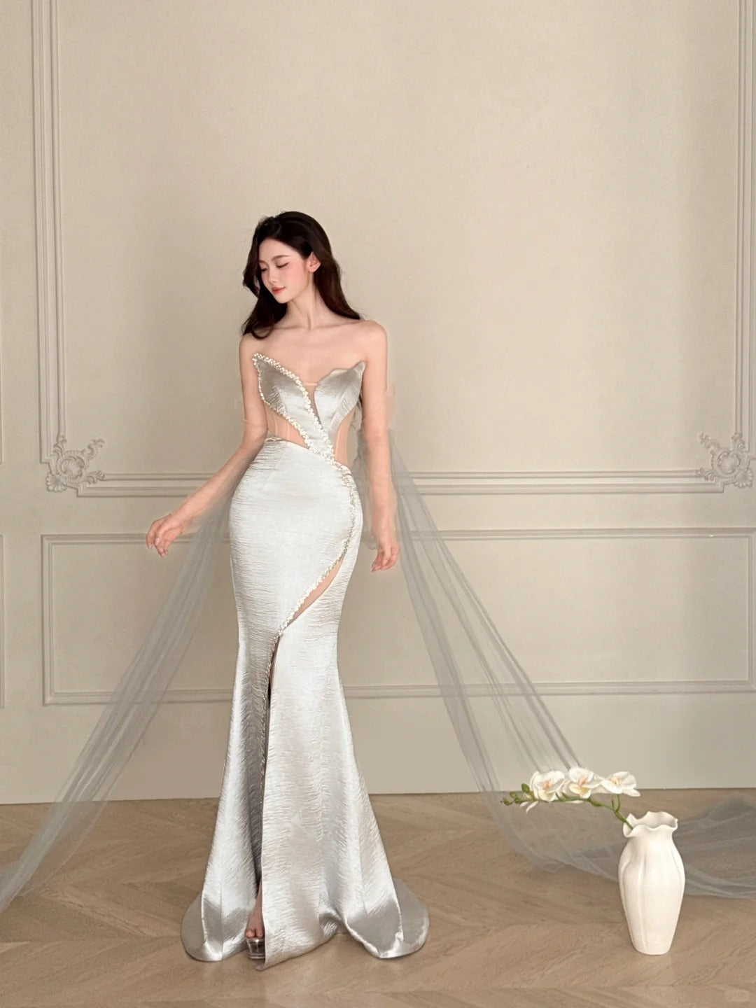 Elegant Silver-Grey Mermaid Strapless Satin Long Classy Prom Dress