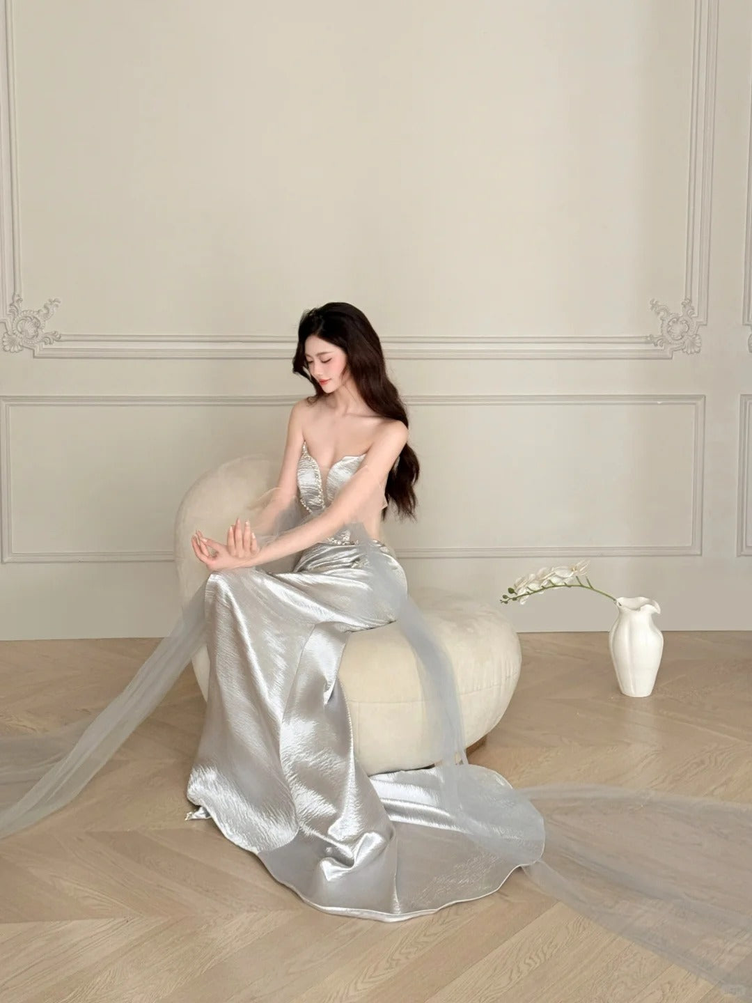 Elegant Silver-Grey Mermaid Strapless Satin Long Classy Prom Dress