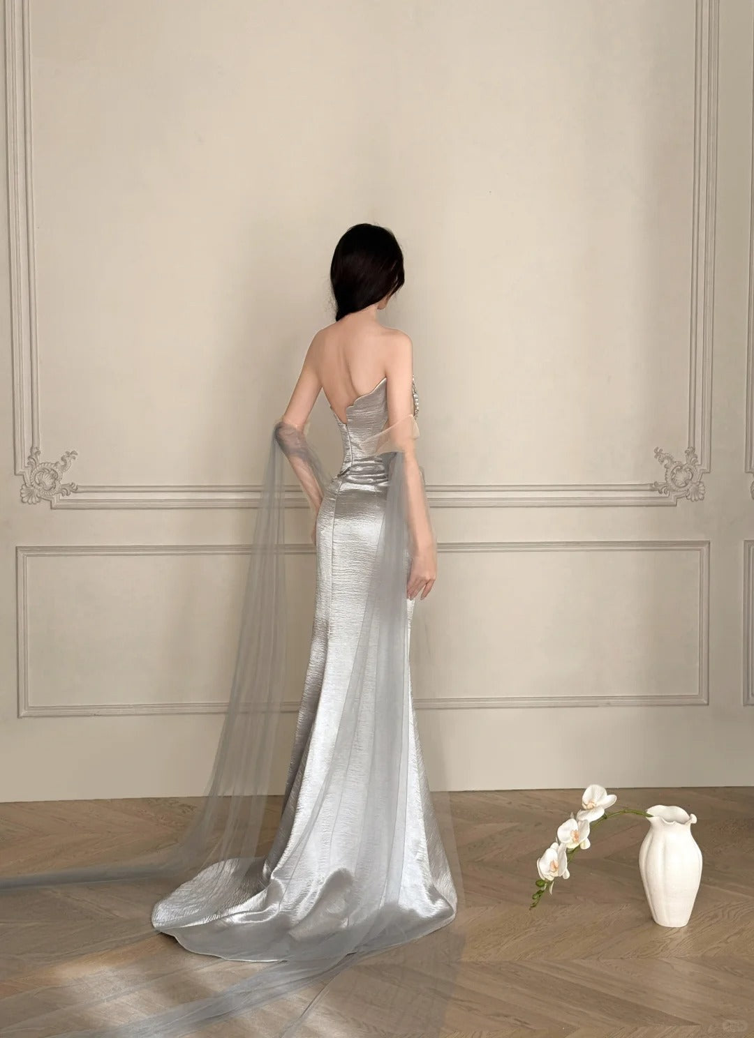 Elegant Silver-Grey Mermaid Strapless Satin Long Classy Prom Dress