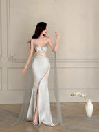 Elegant Silver-Grey Mermaid Strapless Satin Long Classy Prom Dress