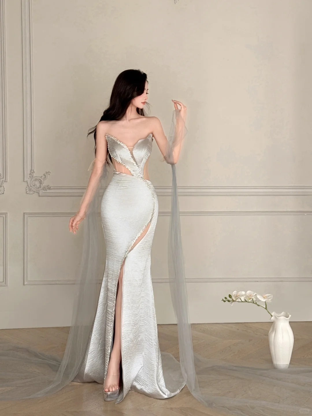 Elegant Silver-Grey Mermaid Strapless Satin Long Classy Prom Dress