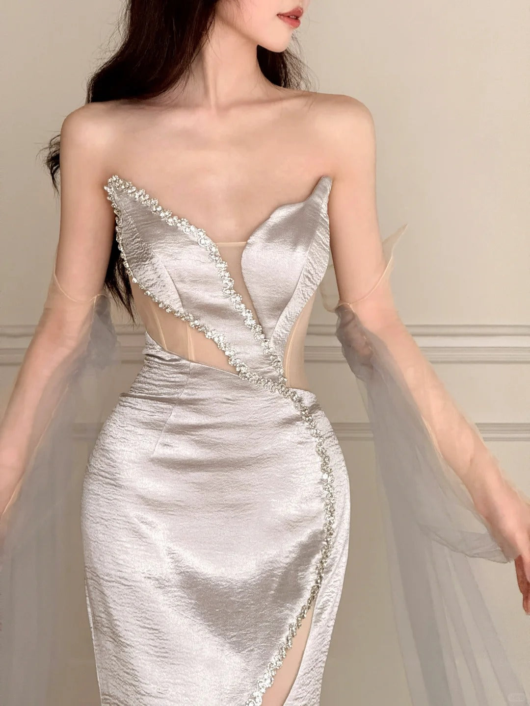 Elegant Silver-Grey Mermaid Strapless Satin Long Classy Prom Dress