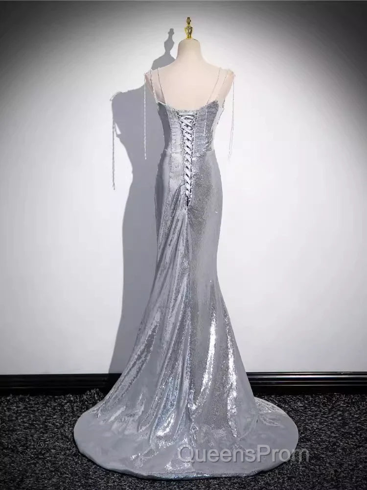 Elegant Silver Sequin Mermiad Evening Prom Dress Long Evening Dress