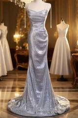 Elegant Silver Sequin Mermiad Evening Prom Dress Long Evening Dress