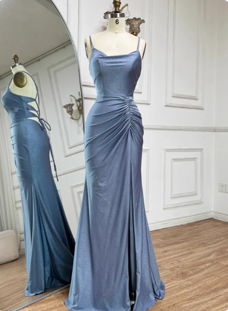 Elegant Slate Blue Spaghetti Strap Mermaid Ruched Slit Satin Long Classy Prom Dress