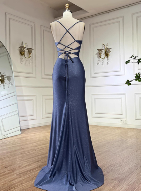 Elegant Slate Blue Spaghetti Strap Mermaid Ruched Slit Satin Long Classy Prom Dress