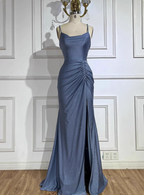 Elegant Slate Blue Spaghetti Strap Mermaid Ruched Slit Satin Long Classy Prom Dress