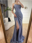 Elegant Slate Blue Spaghetti Strap Mermaid Ruched Slit Satin Long Classy Prom Dress