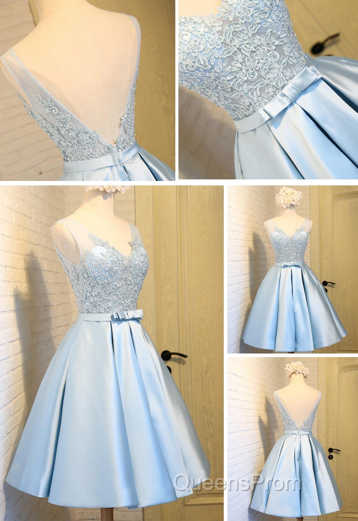 Elegant Sleeveless Deep V Back Appliques Clairvoyant Outfit Satin Skirt Tea Length Homecoming Dress Secondary image