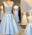 Elegant Sleeveless Deep V Back Appliques Clairvoyant Outfit Satin Skirt Tea Length Homecoming Dress