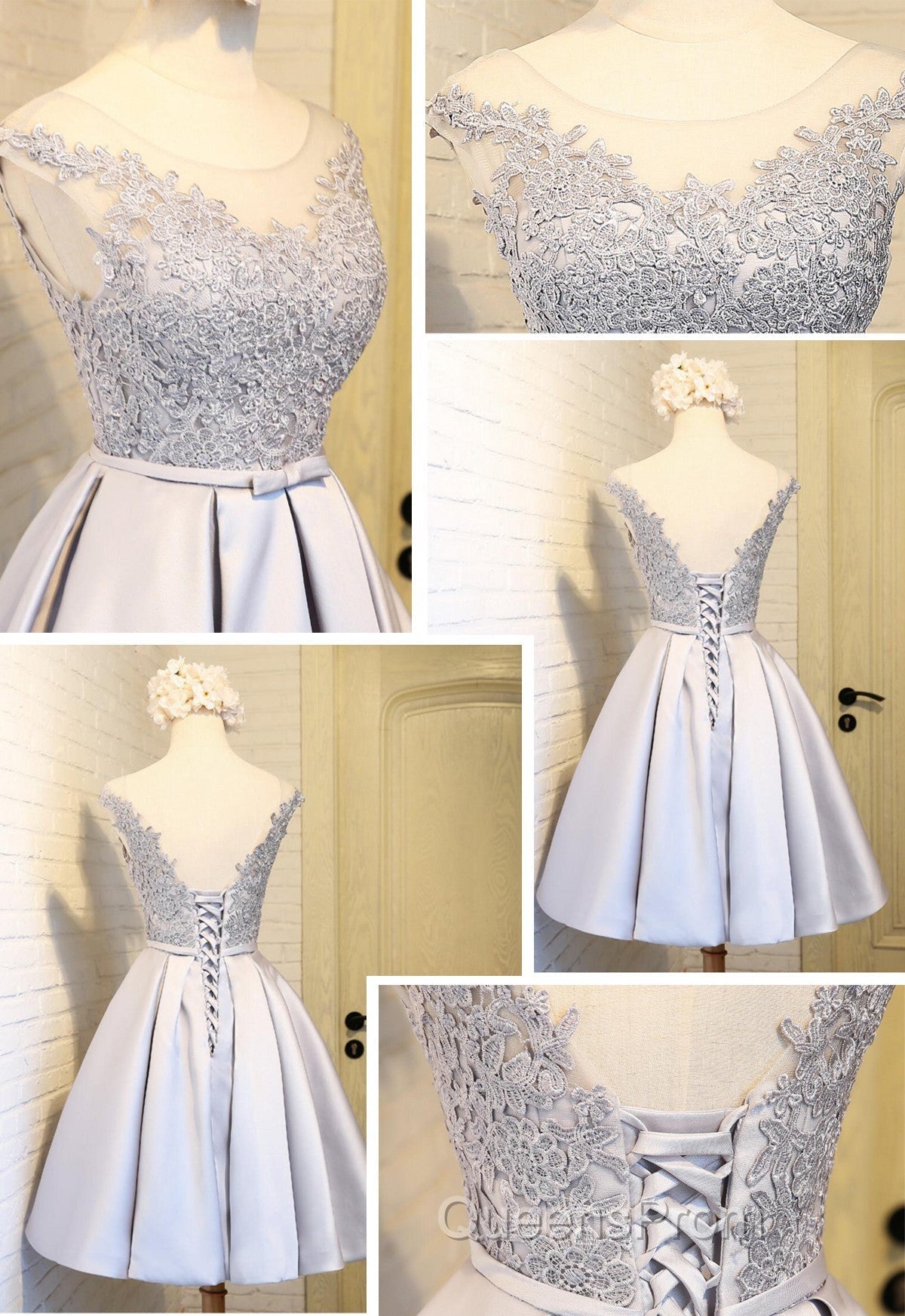 Elegant Sleeveless Lace Up Back Appliques Clairvoyant Outfit Satin Skirt Tea Length Homecoming Dress Secondary image