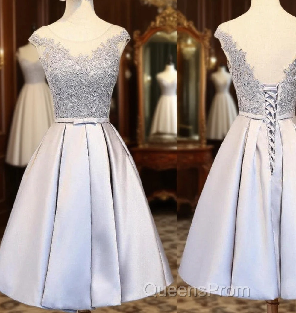 Elegant Sleeveless Lace Up Back Appliques Clairvoyant Outfit Satin Skirt Tea Length Homecoming Dress