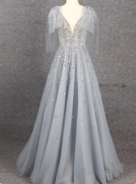 Elegant Smoky Blue Deep V Sequin Tulle Long Classy Prom Dress Bridesmaid Dress Secondary image