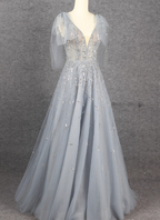 Elegant Smoky Blue Deep V Sequin Tulle Long Classy Prom Dress Bridesmaid Dress