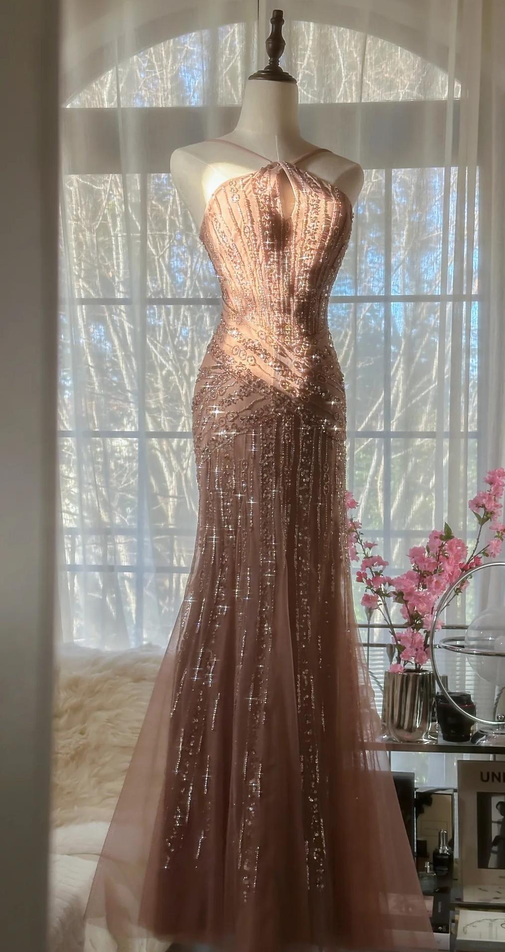 Elegant Blush Pink Spaghetti Strap Mermaid Tulle Sequin Long Classy Prom Dress Beaded Graduation Classy Prom Adult Ceremony Dress