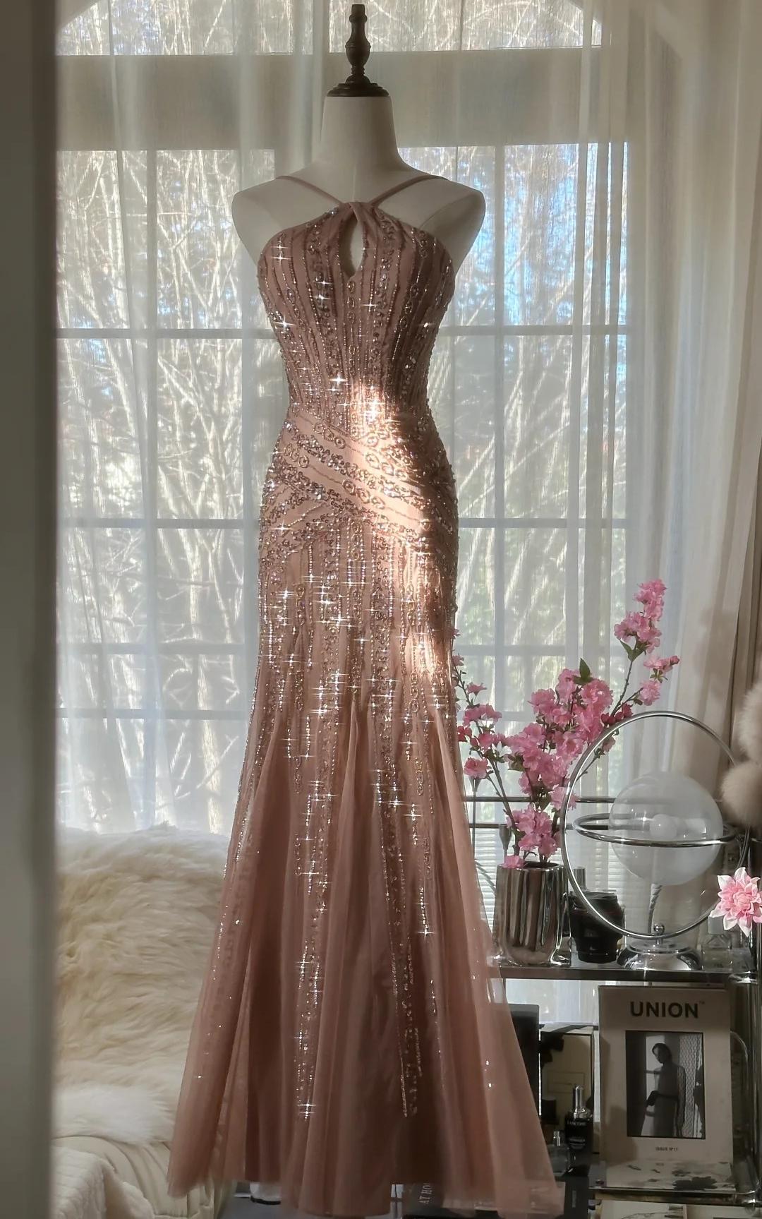 Elegant Blush Pink Spaghetti Strap Mermaid Tulle Sequin Long Classy Prom Dress Beaded Graduation Classy Prom Adult Ceremony Dress