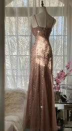 Elegant Blush Pink Spaghetti Strap Mermaid Tulle Sequin Long Classy Prom Dress Beaded Graduation Classy Prom Adult Ceremony Dress