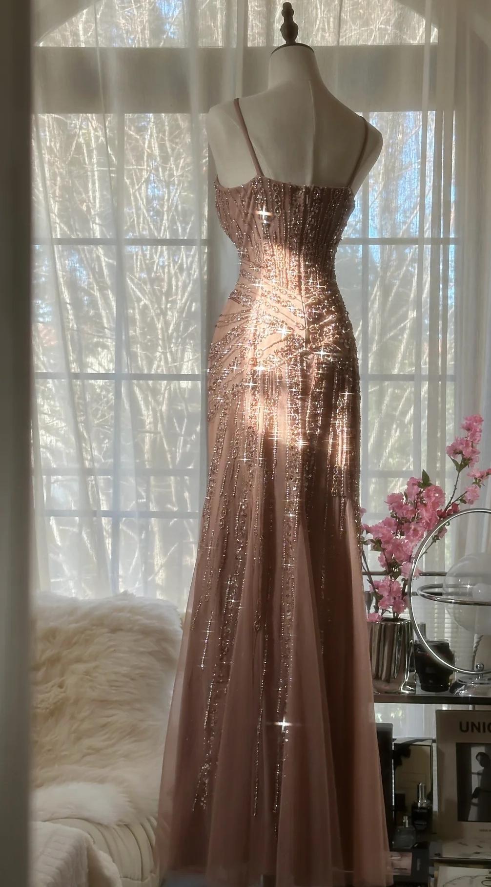Elegant Blush Pink Spaghetti Strap Mermaid Tulle Sequin Long Classy Prom Dress Beaded Graduation Classy Prom Adult Ceremony Dress