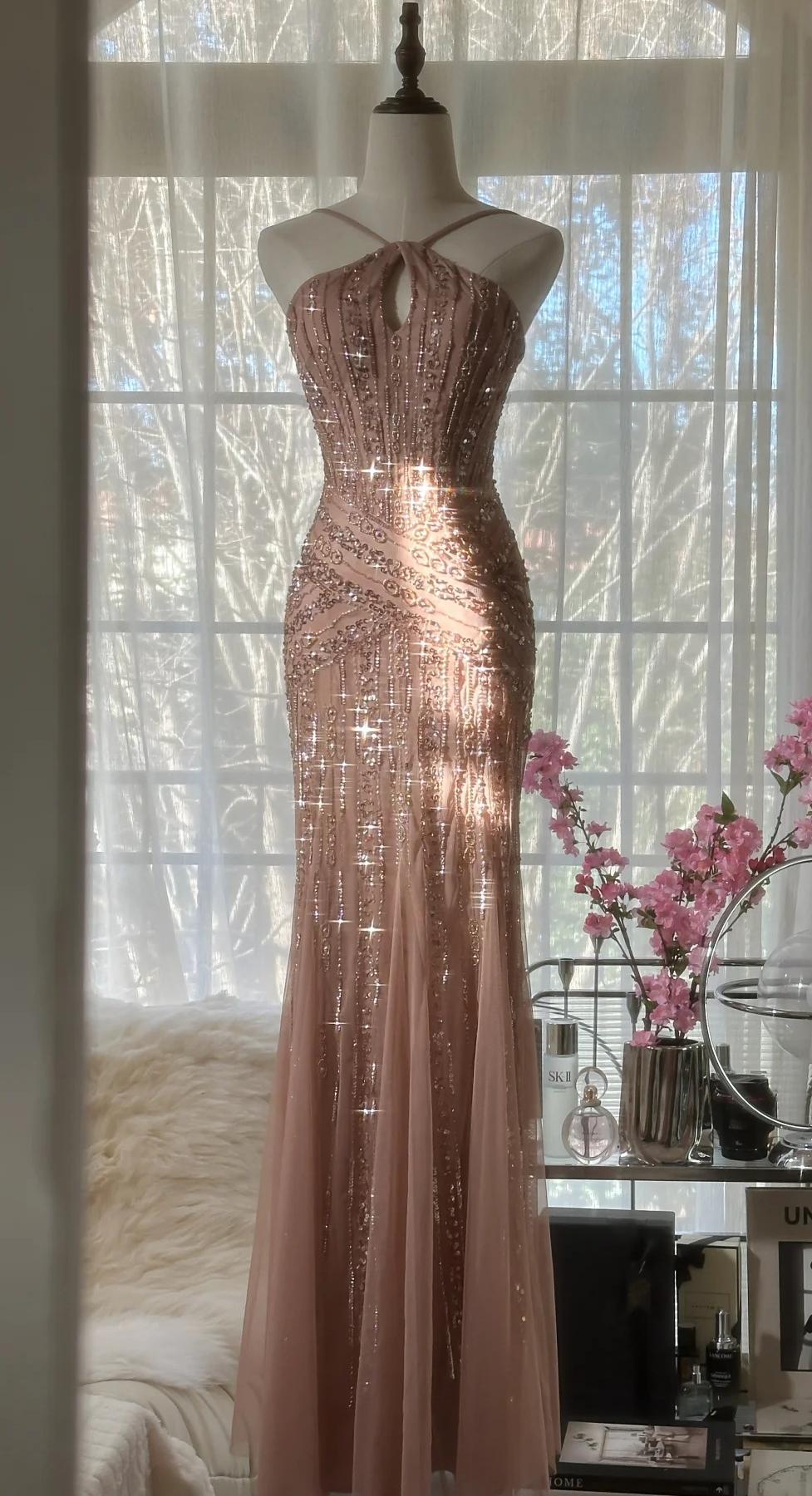 Elegant Blush Pink Spaghetti Strap Mermaid Tulle Sequin Long Classy Prom Dress Beaded Graduation Classy Prom Adult Ceremony Dress