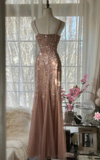 Elegant Blush Pink Spaghetti Strap Mermaid Tulle Sequin Long Classy Prom Dress Beaded Graduation Classy Prom Adult Ceremony Dress