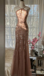 Elegant Blush Pink Spaghetti Strap Mermaid Tulle Sequin Long Classy Prom Dress Beaded Graduation Classy Prom Adult Ceremony Dress