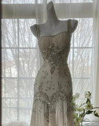 Elegant Spaghetti Straps Apricot Beaded Chiffon Mermaid Gowns Vintage Backless Classy Prom Dress