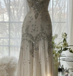 Elegant Spaghetti Straps Apricot Beaded Chiffon Mermaid Gowns Vintage Backless Classy Prom Dress