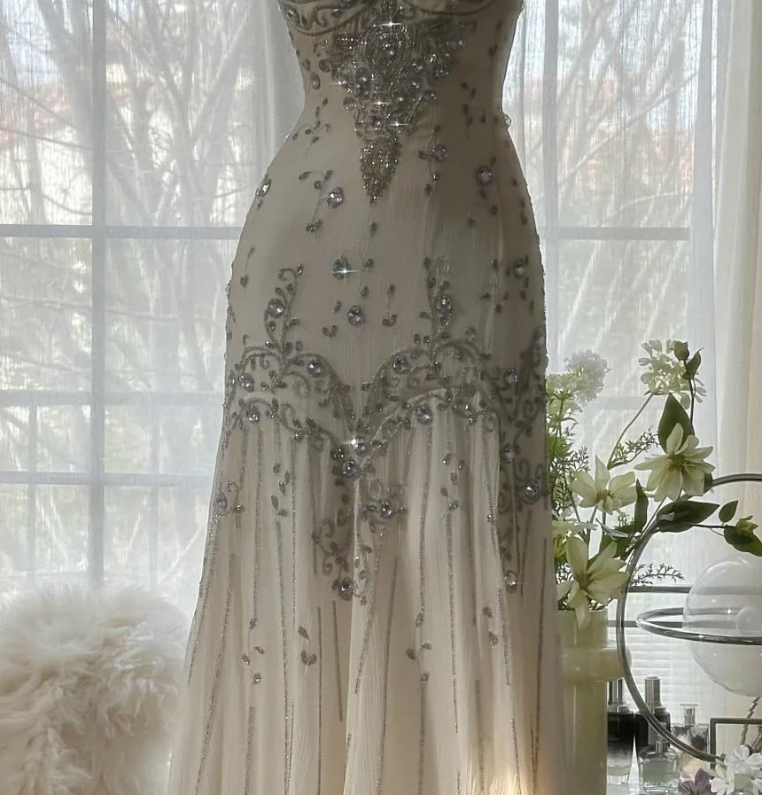 Elegant Spaghetti Straps Apricot Beaded Chiffon Mermaid Gowns Vintage Backless Classy Prom Dress